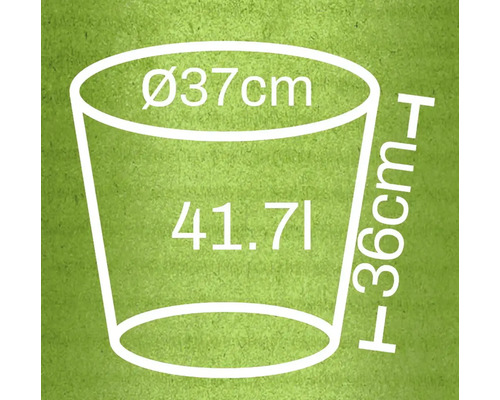 Bild på en planteringslåda med måtten: diameter 37 cm, höjd 36 cm och en volym på 41,71 liter.