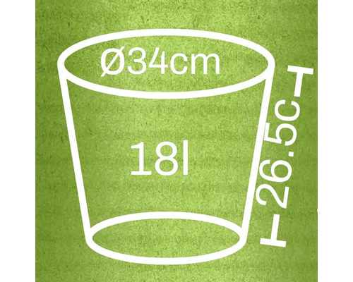 Skiss av en blomkruka med måtten 34 centimeter i diameter, 26,5 centimeter i höjd och en volym på 18 liter