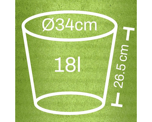 Illustration av en blomkruka med måtten: diameter 34 cm, höjd 26,5 cm och volym 18 liter.