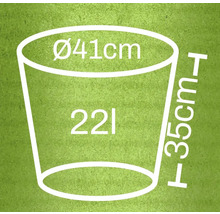 Teknisk ritning av en planteringskruka med måtten diameter 41 cm, höjd 35 cm och 22 liters volym