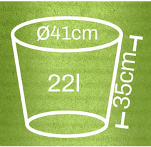 Illustration av en blomkruka med måtten 41 cm i diameter, 35 cm i höjd och 22 liter i volym