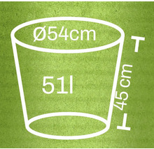 Teknisk ritning av en planteringslåda med måtten diameter 54 centimeter, höjd 45 centimeter och volym 51 liter
