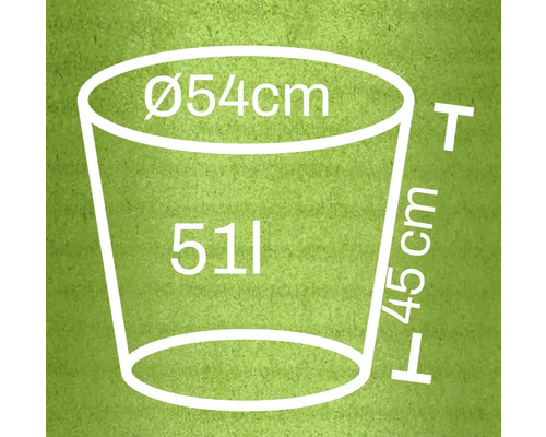 Teknisk ritning av en planteringslåda med måtten diameter 54 centimeter, höjd 45 centimeter och volym 51 liter