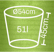 Skiss av en växtlåda med måtten 54 centimeter i diameter, 45 centimeter i höjd och 51 liter i volym