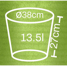 Mått på planteringskärl: diameter 38 cm, höjd 27 cm, volym 13,5 liter