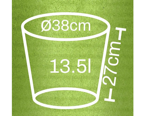 Mått på planteringskärl: diameter 38 cm, höjd 27 cm, volym 13,5 liter