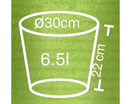Skiss av en blomkruka med måtten diameter 30 centimeter, höjd 22 centimeter och volym 6,5 liter