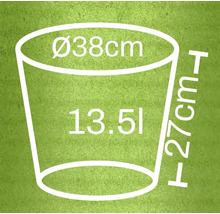 Illustration av måtten på en blomkruka: 38 centimeter i diameter, 27 centimeter i höjd och 13,5 liter i kapacitet