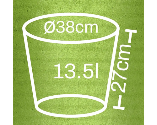 Illustration av måtten på en blomkruka: 38 centimeter i diameter, 27 centimeter i höjd och 13,5 liter i kapacitet