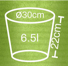 Illustration av en blomkruka med måtten diameter 30 cm, höjd 22 cm och en volym på 6,5 liter
