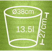 Teknisk ritning av en blomkruka med måtten diameter 38 cm, höjd 27 cm och 13,5 liters volym
