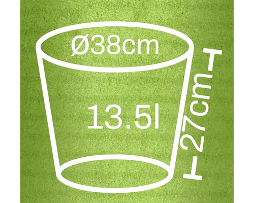 Teknisk ritning av en blomkruka med måtten diameter 38 cm, höjd 27 cm och 13,5 liters volym