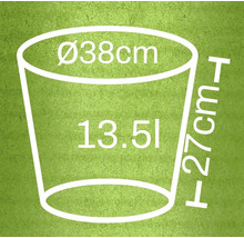Illustration av en planteringskruka med måtten 38 cm diameter, 27 cm höjd och 13,5 liter volym