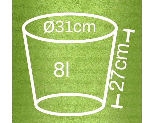 Bild med måttangivelser: diameter 31 centimeter, höjd 27 centimeter, volym 8 liter