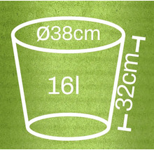 Bild på en blomkruka med måtten diameter 38 cm, höjd 32 cm och volym 16 liter