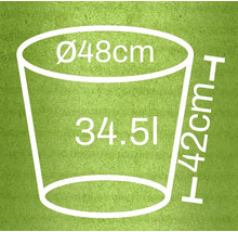 Illustration av en blomkruka med måtten diameter 48 cm, höjd 42 cm och volym 34,5 liter