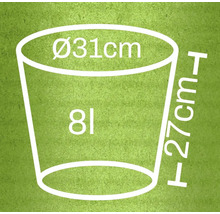 Skiss av en växtlåda med måtten 31 centimeter i diameter och 27 centimeter i höjd, volym åtta liter