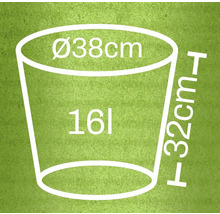 Schematisk ritning av en blomkruka med måtten 38 centimeter i diameter, 32 centimeter i höjd och 16 liter volym