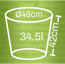 Diagram över en växtlåda med måtten 48 centimeter i diameter, 42 centimeter i höjd och 34,51 liter i volym
