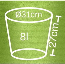 Skiss av en växtlåda med måtten diameter 31 centimeter, höjd 27 centimeter och 8 liter volym