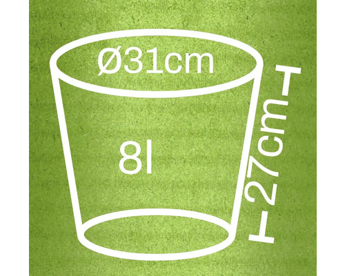 Skiss av en växtlåda med måtten diameter 31 centimeter, höjd 27 centimeter och 8 liter volym