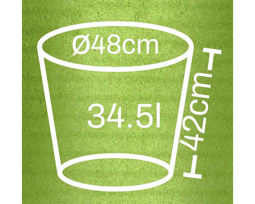 Illustration av en planteringskärl med måtten diameter 48 cm, höjd 42 cm och volym 34,51 liter