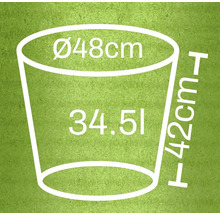 Skiss av en blomkruka med måtten: diameter 48 cm, höjd 42 cm, volym 34,5 liter