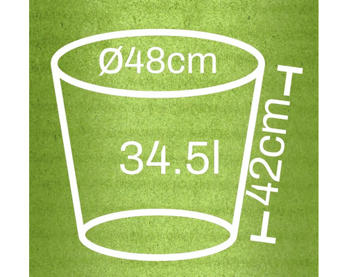 Skiss av en blomkruka med måtten: diameter 48 cm, höjd 42 cm, volym 34,5 liter