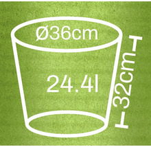 Teknisk ritning av en planteringskärl med måtten 36 cm diameter, 32 cm höjd och 24,41 liter volym