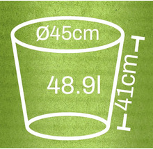 Skiss av en planteringskruka med mått: diameter 45 cm, höjd 41 cm, volym 48,91 liter