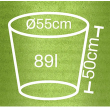 Diagram över en växtlåda som mäter 55 centimeter i diameter, 50 centimeter i höjd och 89 liter i volym