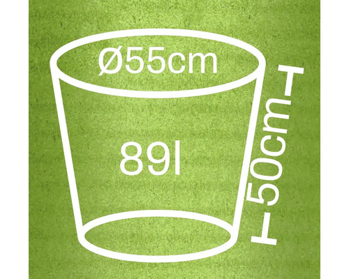 Diagram över en växtlåda som mäter 55 centimeter i diameter, 50 centimeter i höjd och 89 liter i volym