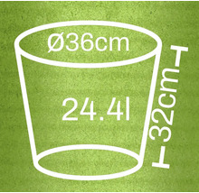 Blomkruka med måtten diameter 36 cm, höjd 32 cm och volym 24,4 liter.