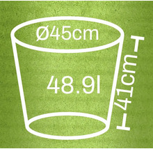 Illustration av en blomkruka med måtten diameter 45 cm, höjd 41 cm och en volym på 48,91 liter