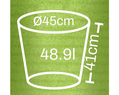 Illustration av en blomkruka med måtten diameter 45 cm, höjd 41 cm och en volym på 48,91 liter