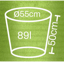 Illustration av en planteringslåda med måtten 55 cm i diameter, 50 cm i höjd och 89 liter volym