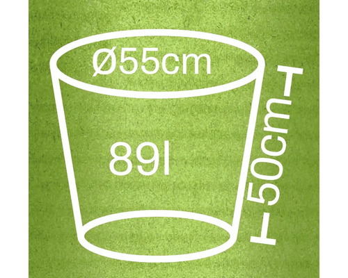 Illustration av en planteringslåda med måtten 55 cm i diameter, 50 cm i höjd och 89 liter volym