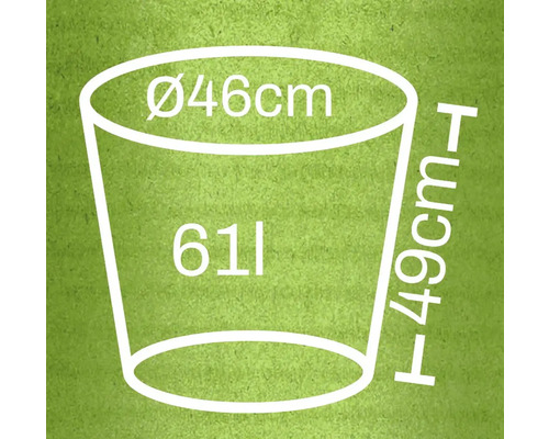 Illustration av en blomkruka med måtten diameter 46 centimeter, höjd 49 centimeter och volym 61 liter.