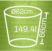 Skiss av en planteringskärl med måtten diameter 62 centimeter, höjd 66 centimeter och volym 149,41 liter