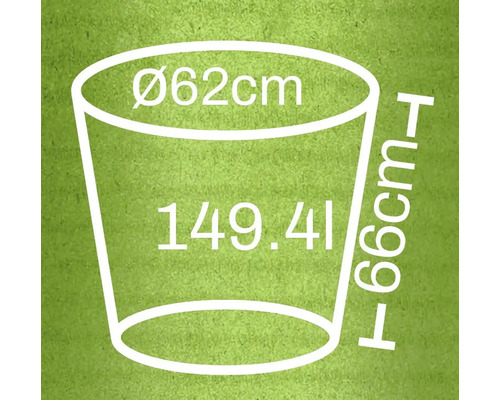 Skiss av en planteringskärl med måtten diameter 62 centimeter, höjd 66 centimeter och volym 149,41 liter