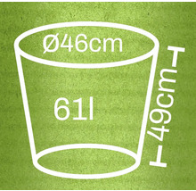 Mått på en blomkruka: diameter 46 cm, höjd 49 cm, volym 61 liter