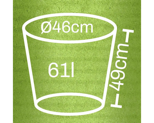 Mått på en blomkruka: diameter 46 cm, höjd 49 cm, volym 61 liter