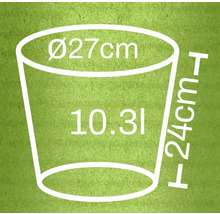 Illustration av en planteringskruka med måtten diameter 27 cm, höjd 24 cm och en volym på 10,3 liter