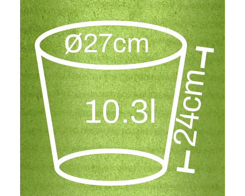 Illustration av en planteringskruka med måtten diameter 27 cm, höjd 24 cm och en volym på 10,3 liter