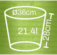 Skiss av en blomkruka med måtten diameter 36 cm, höjd 28 cm och volym 21,41 liter