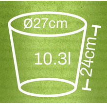Diagram med måtten på en blomkruka: 27 centimeter i diameter, 24 centimeter hög, 10,3 liter volym