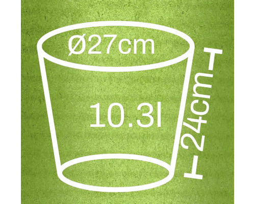 Diagram med måtten på en blomkruka: 27 centimeter i diameter, 24 centimeter hög, 10,3 liter volym