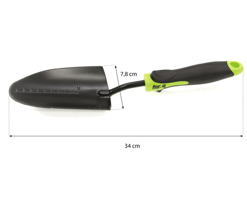 Trädgårdsspade med en längd på 34 cm och en bladlängd på 7,8 cm.
