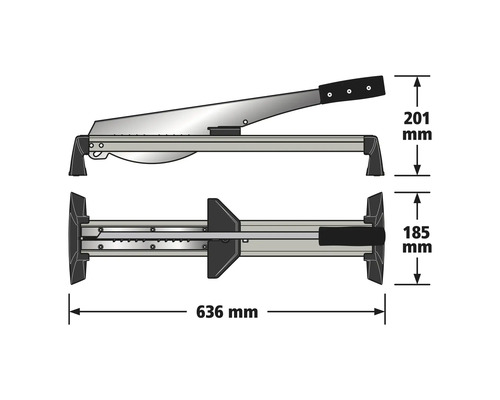 Laminatskärare i sido- och ovanvy med mått: längd 636 millimeter, höjd 201 millimeter, bredd 185 millimeter.