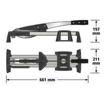 Laminatskärare med mått: längd 661 millimeter, höjd 197 millimeter och bredd 211 millimeter.